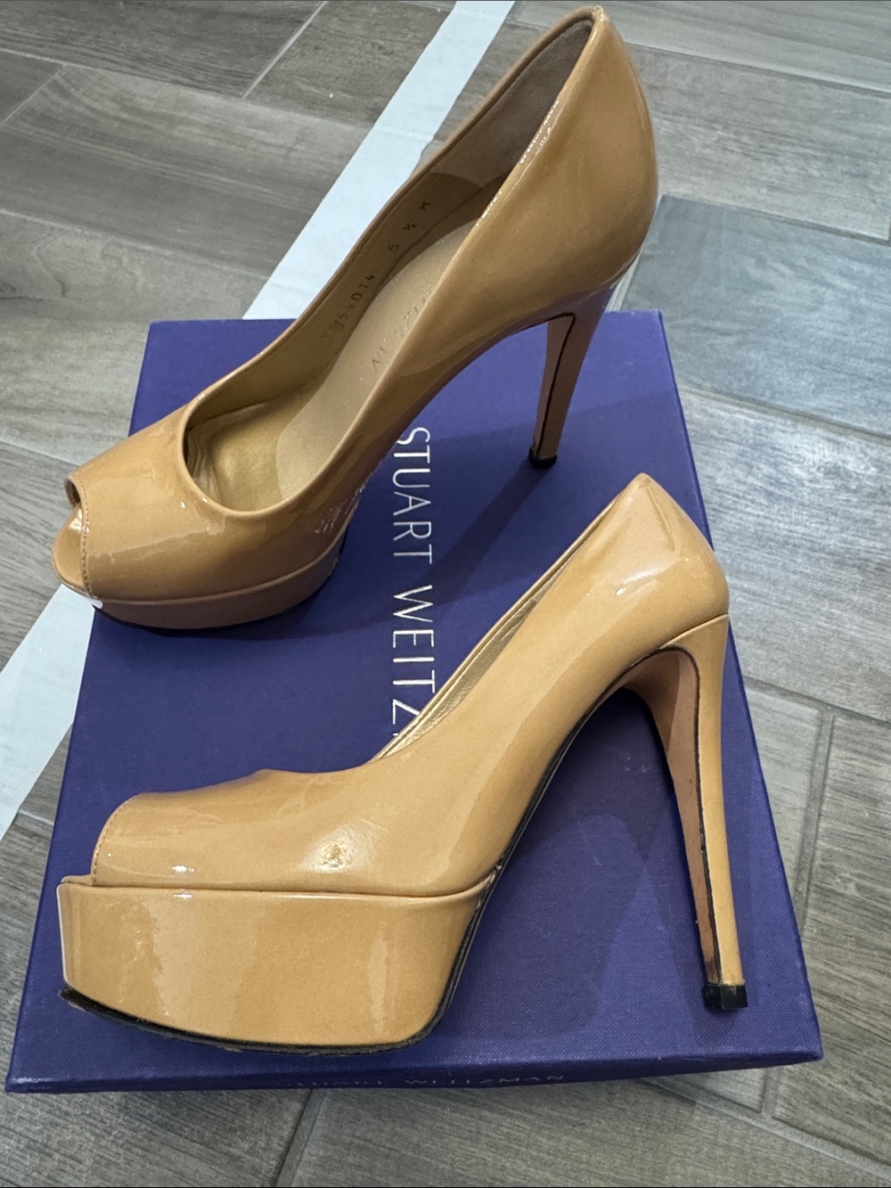Stuart Weitzman Nude Patent Leather Peep-Toe Platform Pumps